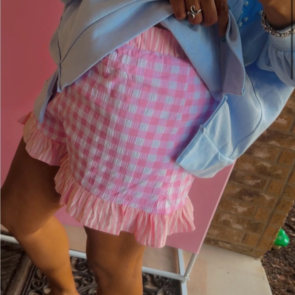 Fantastic Fawn Pink Gingham Ruffle Shorts with Lace Tie - Picture 2 of 3